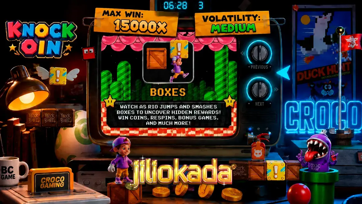Tampilan visual retro 8-bit dari slot KNOCKOIN dengan karakter Rio